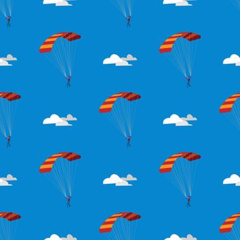Skydiver flying with parachute. Skydiving, parachuting and extreme sport, active leisure concept. Seamless pattern