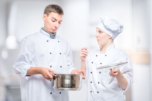 chefs emotions regarding foul soup in a pan, a portrait against