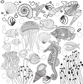 Decorative underwater world sea life, fishes, jelyfish, fishes, sea horse. Outline vector illustration black and white for Adult coloring book.