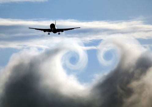 The turbulence of the clouds left by the plane during