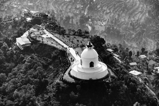 Aerial view of the World Peace Pagoda in Pokhara