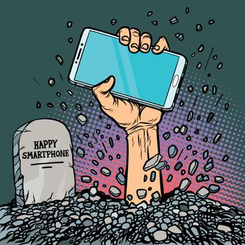 happy smartphone. zombie hand from the grave