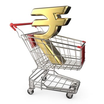 Red shopping cart with golden Indian rupee currency sign 3D