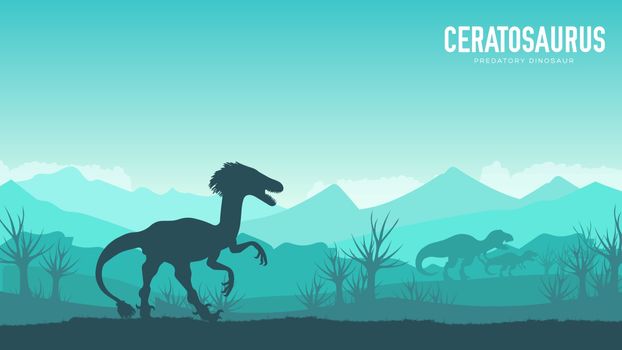 Earth BC landscape scene illustration. Before our era earth design. Silhouette Dinosaur ceratosaurus in its habitat background. Jungle prehistoric creature in nature concept
