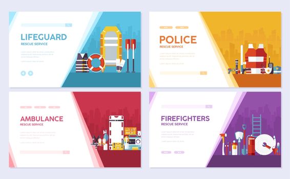 Firefighter, rafting, police, medicine rescue. Emergency services brochure card set. template of flyear, web banner, ui header, enter site. Layout invintation modern slider 
