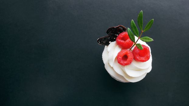 Delicious raspberry cupcakes on dark background