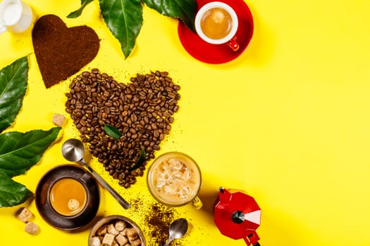 Coffee composition on yellow background