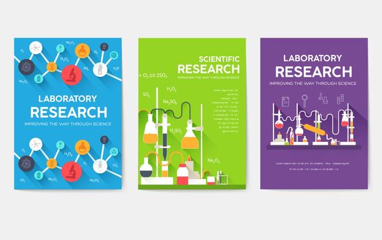 Ready flyers for scientific laboratories. Medical brochures for printing. Invitations for medicine in trendy style. The best postcard for the hospital. Chemistry infographic concept background. 