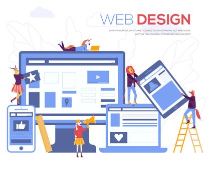 Development of mobile websites vector illustration. Creating a website applications, transferring information, web page design concept. Small people are working on SEO project
