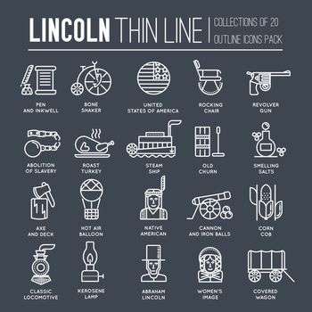 President Abraham Lincoln day with historical XIX (19) century elements thin line icon set. Vector people and traditional of USA object outline cover concept design. National culture traditions