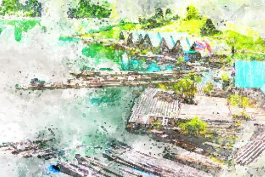 Bamboo rafting in the dam, with watercolor art.