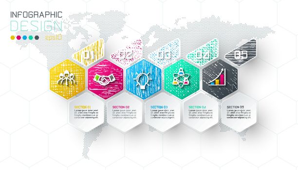 Business hexagon labels shape infographic groups bar.