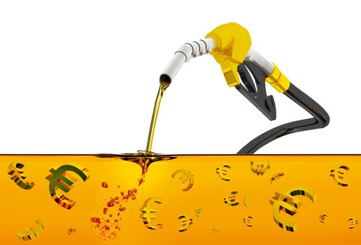 3d render on white background, nozzle pumping gasoline in a tank, of fuel nozzle pouring gasoline over white background, nozzle pumping a gasoline fuel liquid in a tank of oil industry, 
euro symbol