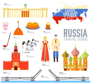 Country Russia travel vacation guide of goods, places and features. Set of architecture, people, culture, icons background concept. Infographics template design for web and mobile. On flat style
