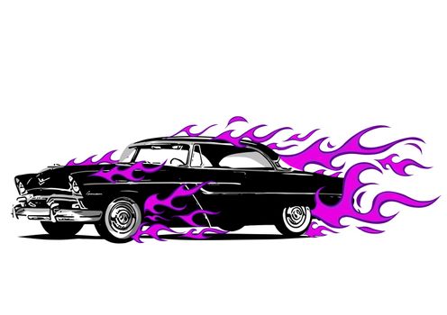 vintage car surrounded by fire and purple flames