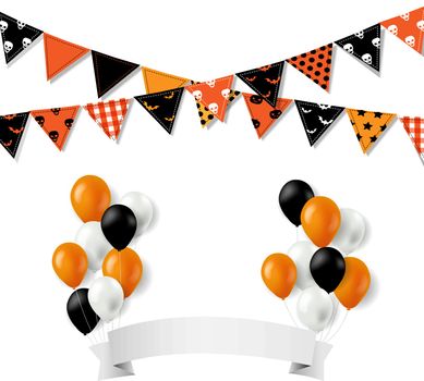 Halloween Bunting Flags With Banner And Balloons With Gradient Mesh, Vector Illustration