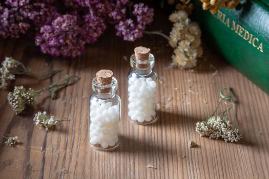 Bottles of homeopathic pills with dried herbs and materia medica