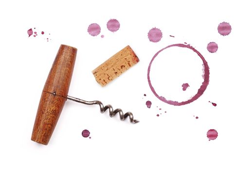 Red wine cork, opener and stain rings isolated