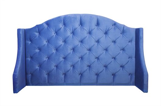 Blue velvet bed headboard isolated on white