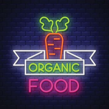 Organic food- Neon Sign Vector on brick wall background