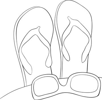 Adult coloring book,page a cute pair of slippers and sunglasses 