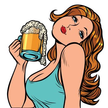 Woman with a mug of beer in profile. Isolate on white background