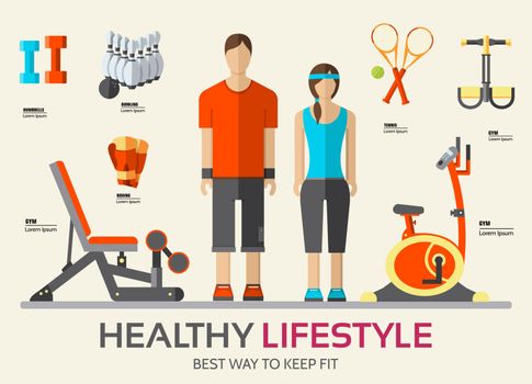 Sport life stile infographic with gym device, equipment and items. Training apparatus on a flat design style. Vector illustration workout concept icons set