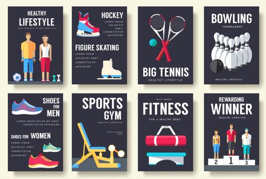 Sport information cards set. Lifestyle template of flyear, magazines, posters, book cover, banners. Physical athletic infographic concept  background. Layout illustrations modern pages with typography