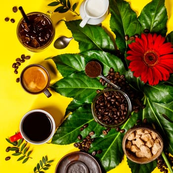 Various coffee on yellow background