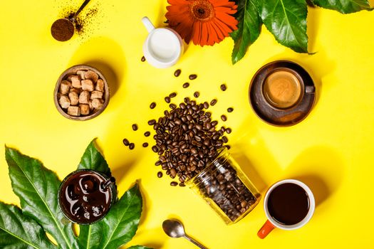 Various coffee on yellow background