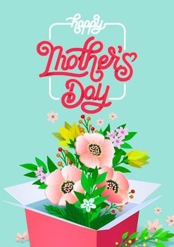 Happy Mothers Day beautiful greeting card. Bright vector illustration with colorful trend floral pattern and mothers day lettering. Traditional folk flowers bouquet.
