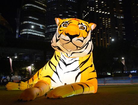 Sydney, Australia - Feb 7, 2019. Larger than life lanterns in the shape of Tiger. Chinese zodiac animals at Circular Quay celebrating the Chinese Lunar New Year of Pig in 2019.