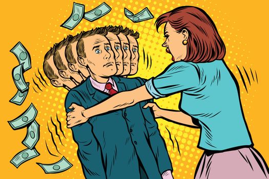 money demand. The wife shakes her husband. Women and men unequal relations, exploitation