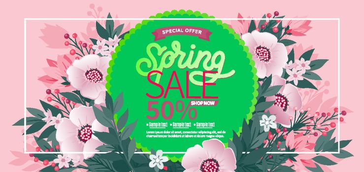 Spring background with green leaves and flowers on trendy geometric backdrop. Vector illustration. Fresh template design for posters, flyers, brochures or vouchers.