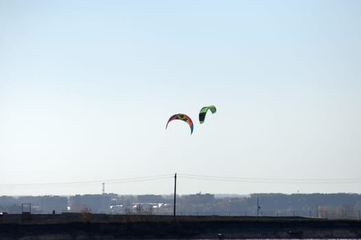 Parachutes from kitesurfing hover over the water's edge against the clear blue sky.