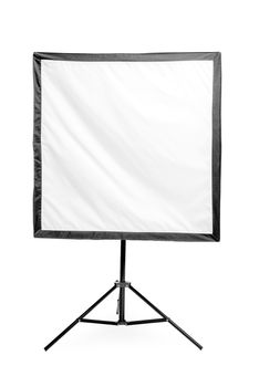studio flash with a square softbox on the rack on a white backgr