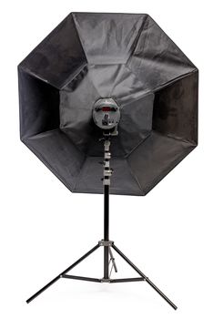 equipment flash with octagonal softbox on the rack in the studio