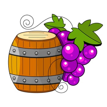 Winemaking products in sketch style. Vector illustration with wine barrel, glass, grapes, grape twig, carafe. Classical alcoholic drink.