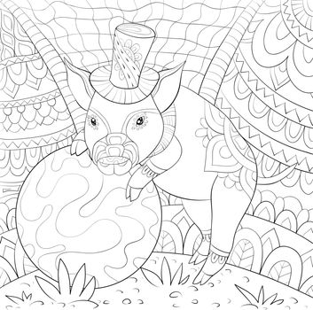 Adult coloring book,page a cute pig wearing a hat near a ball on