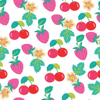 Seamless vector pattern with strawberries and cherries. Background with Cherry and strawberry for fabrics, textiles, paper, wallpaper. Summer fruits illustration.