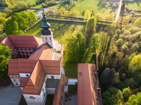 Aerial view of Cistercian monastery Kostanjevica na Krki, homely appointed as Castle Kostanjevica, Slovenia, Europe