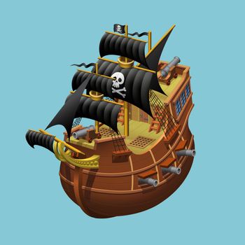 Pirate sailing old ship axonometric vector illustration
