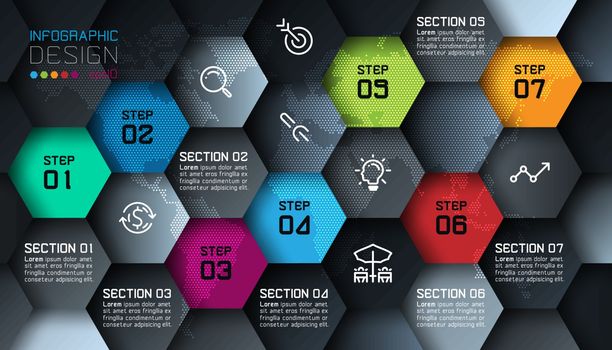 Business hexagon net labels shape infographic with dark background.
