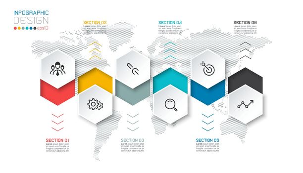 Business hexagon labels shape infographic groups bar.