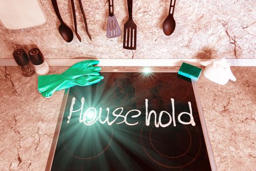 On the kitchen stove is written Household cleaning agent
