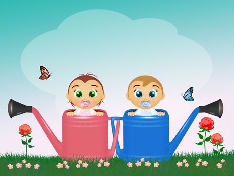 illustration of babies on watering can