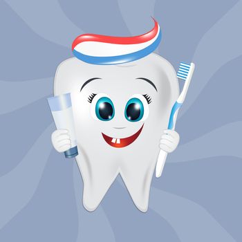 illustration of tooth with toothbrush and toothpaste