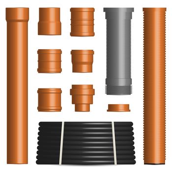 Set of various plastic pipes for sewage, water pipe and connecting flanges isolated on a white background. Front view, vector illustration.