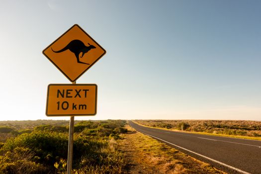  kangaroo crossing road sign warning drivers in  Australia