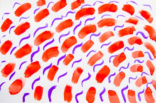 Watercolor abstract background of short red strokes with a wide brush and narrow curved lines of purple. Sketch, watercolor, paint, made by hand